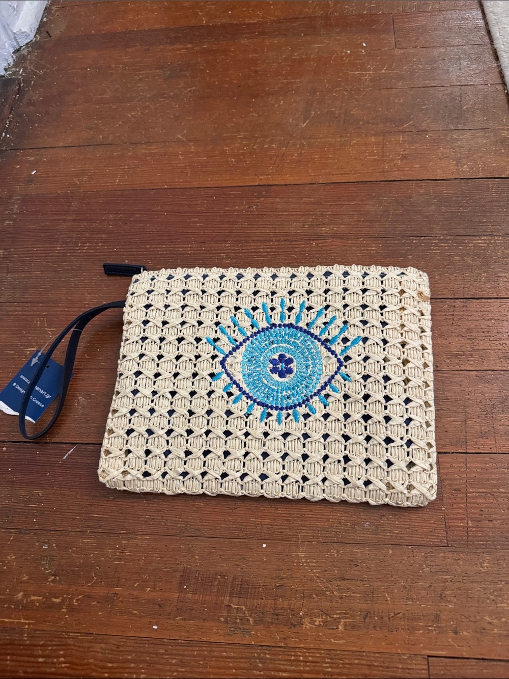 Woven Straw Wristlet Clutch with Blue Evil Eye Embroidery made in Greece